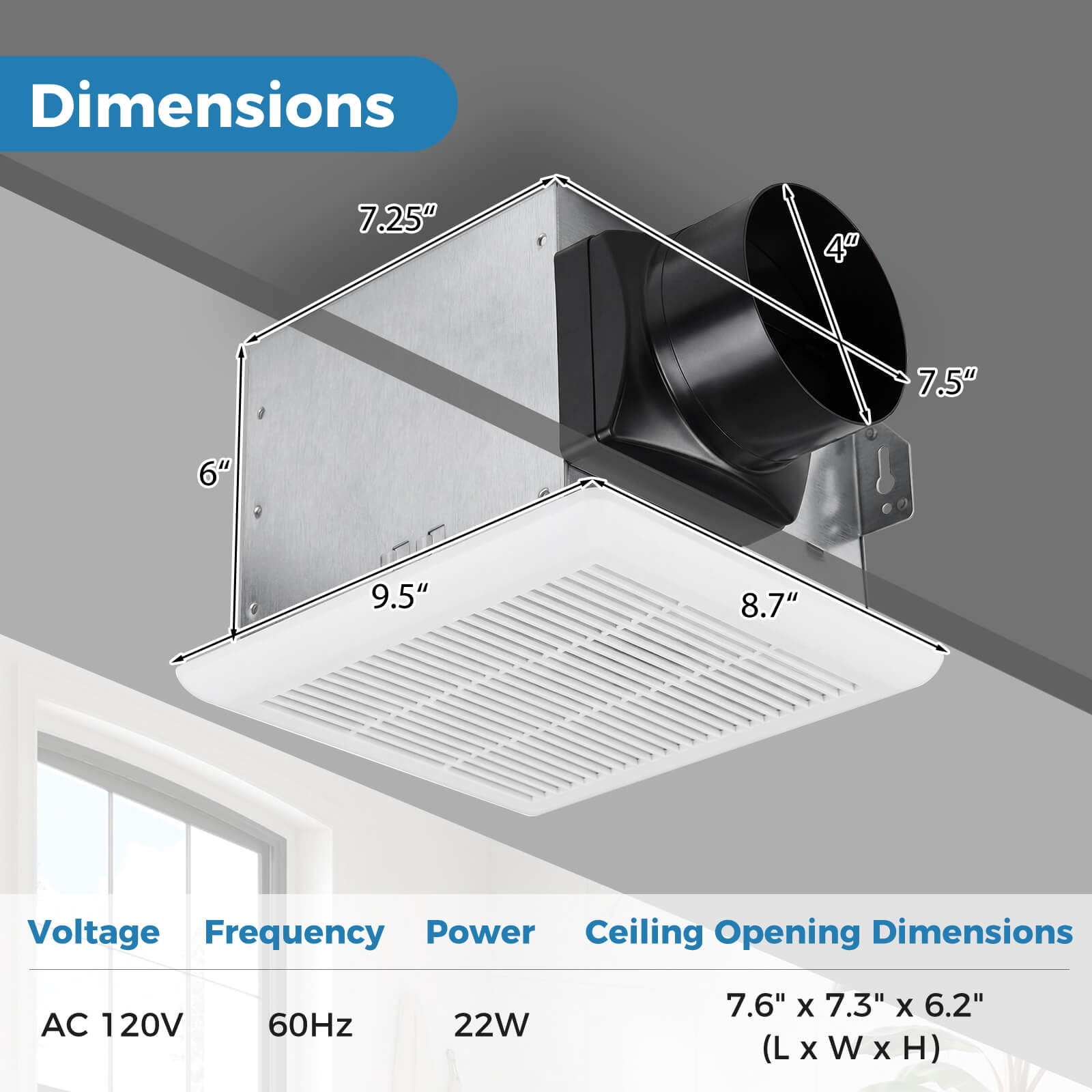 Costway 80 CFM Ceiling Mount Bathroom Exhaust Fan with Metal Housing 4 Inches Duct White