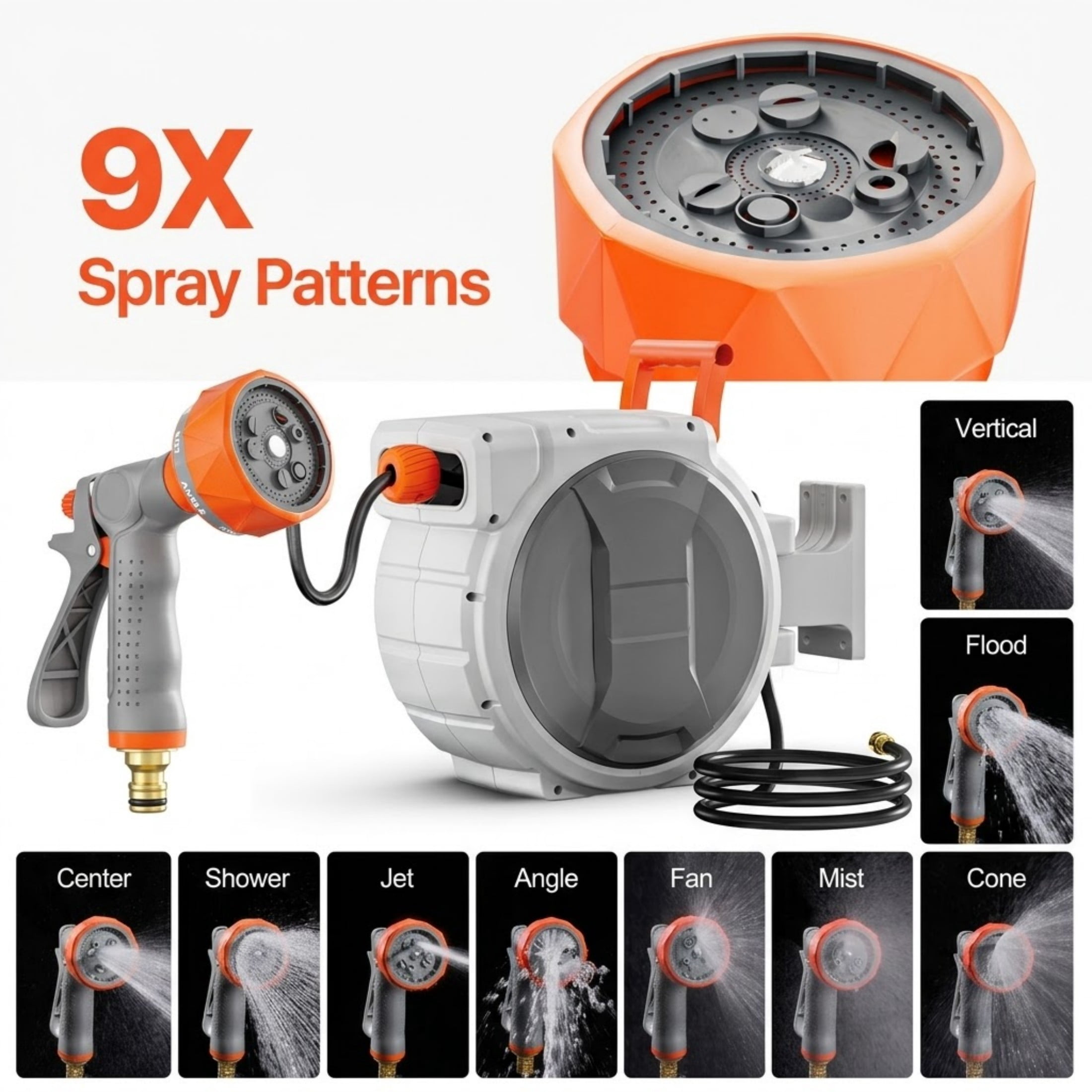 Wall Mounted Retractable Hose Reel with 180° Swivel, 65ft x 1/2" Hose and 9-Pattern Nozzle