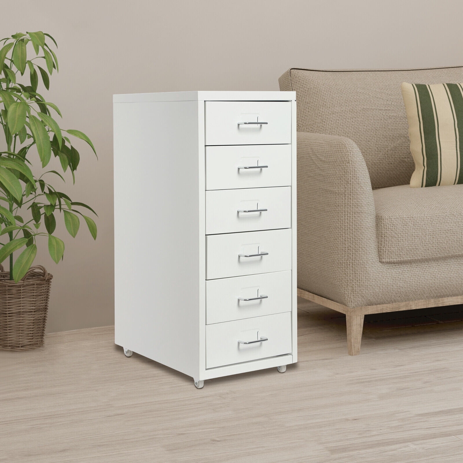 6 Drawer Vertical Rolling Office Drawers, Metal File Cabinet with 4 Wheels, Under Desk Cabinet with Tag Jacks, File Cabinet with Lock, File Cabinet Office Organization and Storage (White)