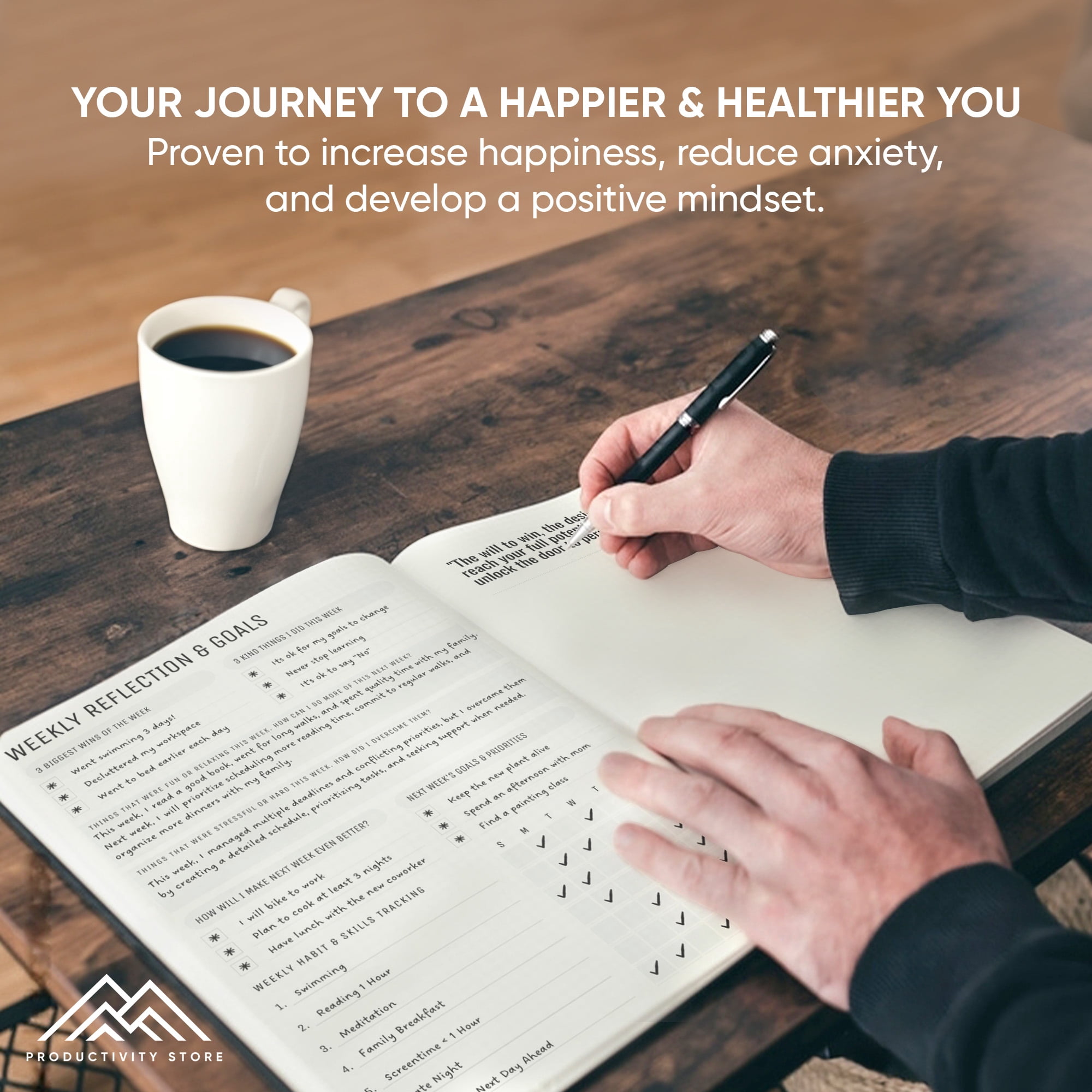 Daily Journal For Mindfulness & Productivity - Inspirational Journals To Write In, Writing Prompt Journal & Guided Journal Gifts For Men & Women - Hardcover Diary Notebook (Black)