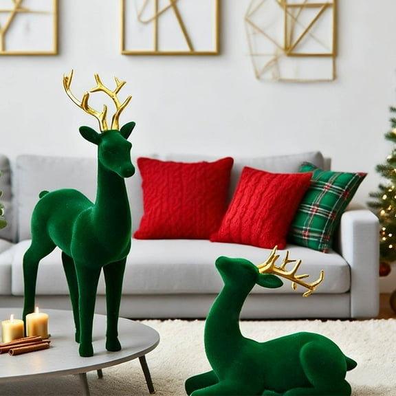 Reindeer Christmas Decor,Christmas Decorations Indoor,Christmas Set Of Standing /Lying Flocked Elkss Decorations,Christmas Reindeer Decor Small Resin Standing Sitting Deer Figurine(Green)