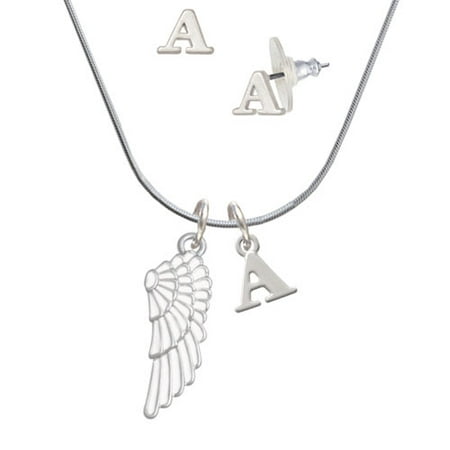 Right Angle Stud - Large White Enamel Angel Wing - A Initial Charm Necklace and Stud Earrings Jewelry Set