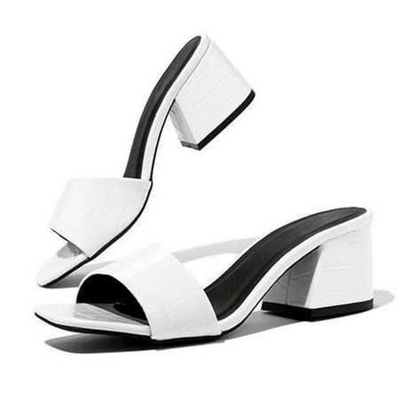

VKEKIEO Open Toe Dearfoam Slippers Women High Heel Square White
