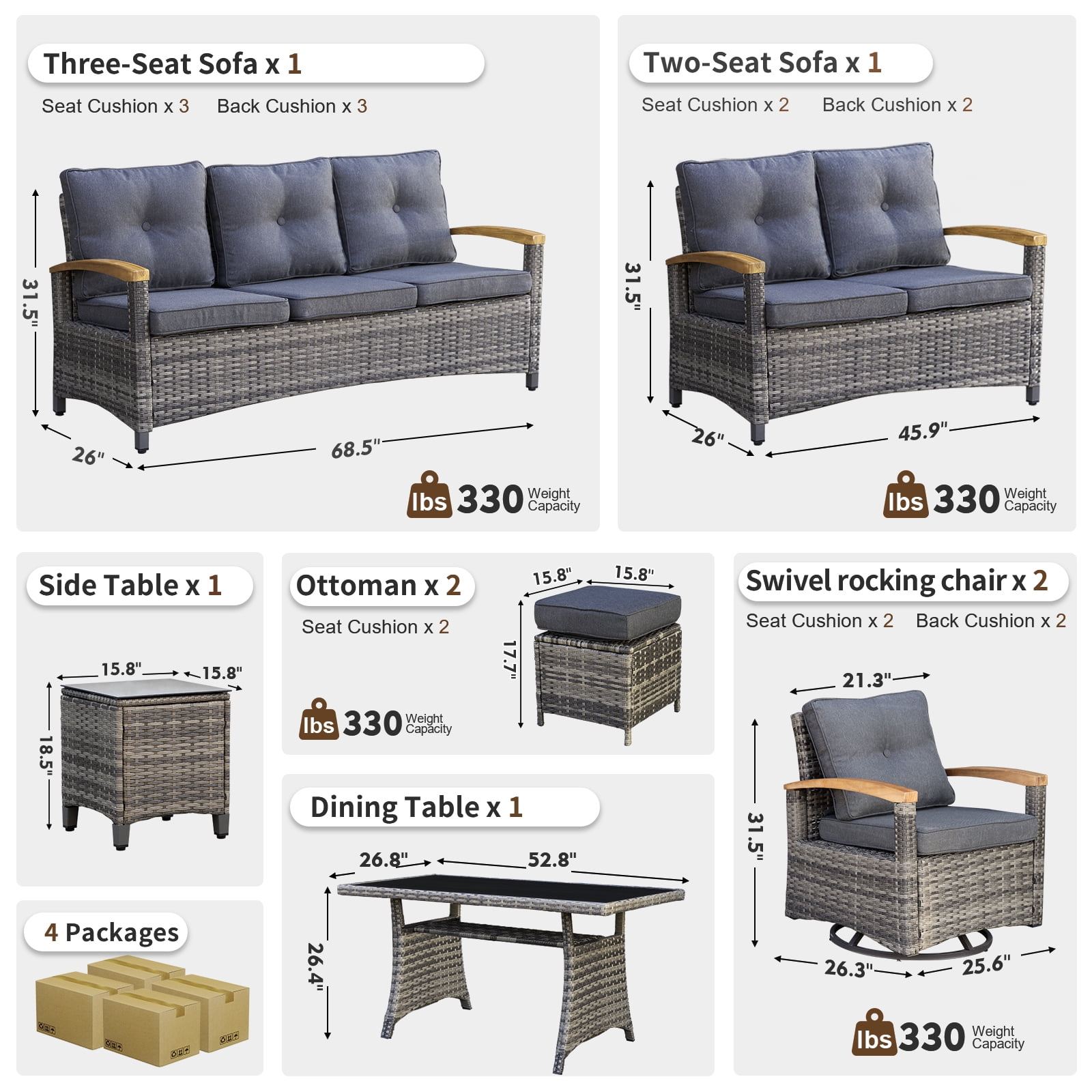 MEISSALIVVE 8 Pieces Patio Furniture Set with Dining Table, Outdoor Wicker Conversation Set with 3-Seat & 2-Seat Sofas, Wood Armrest Swivel Chairs, 2 Ottomans, Gray