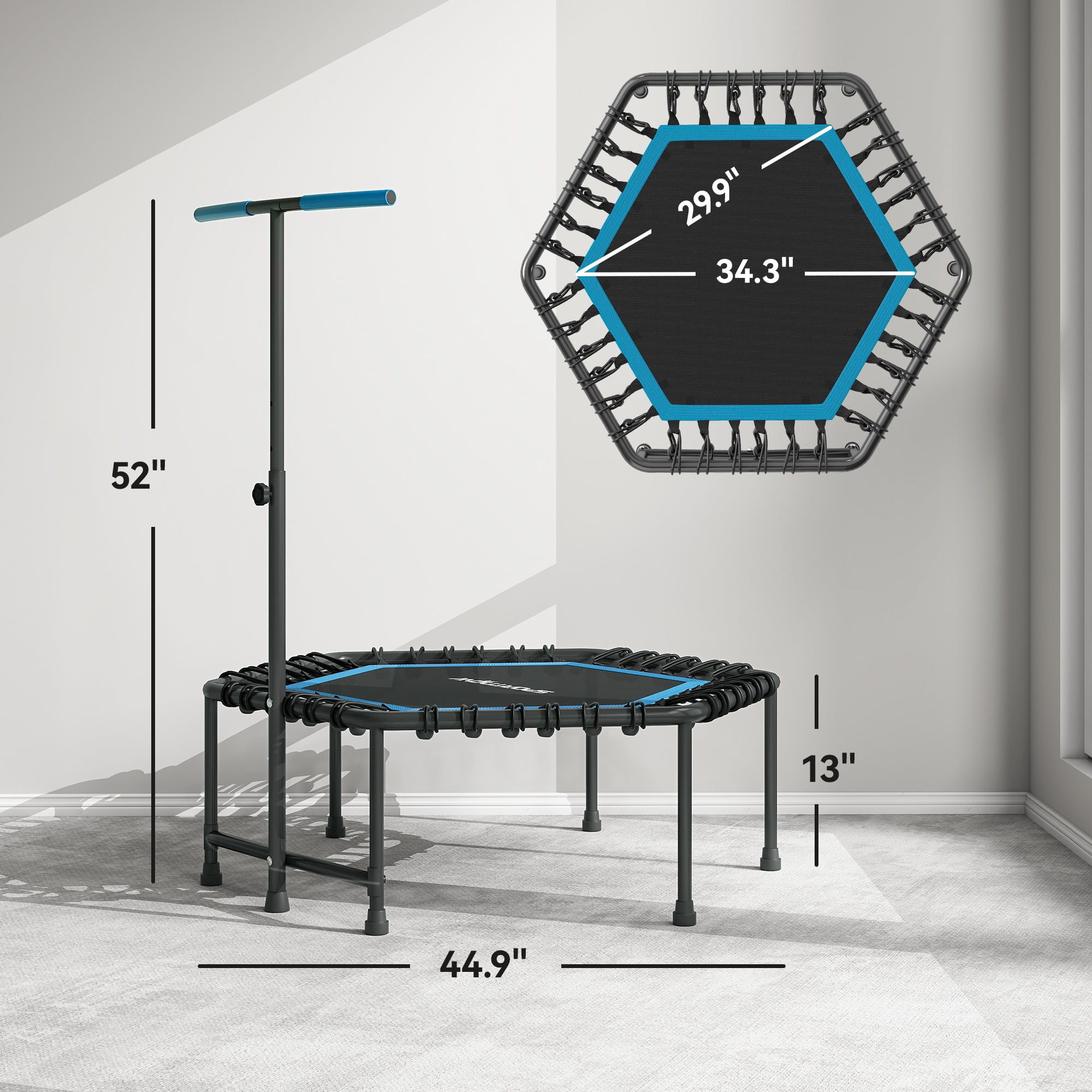 Soozier 45" Mini Trampoline, Rebounder Trampoline for Adults with LED Lights and Adjustable Handle, Quiet Bungee Rebounder, Blue