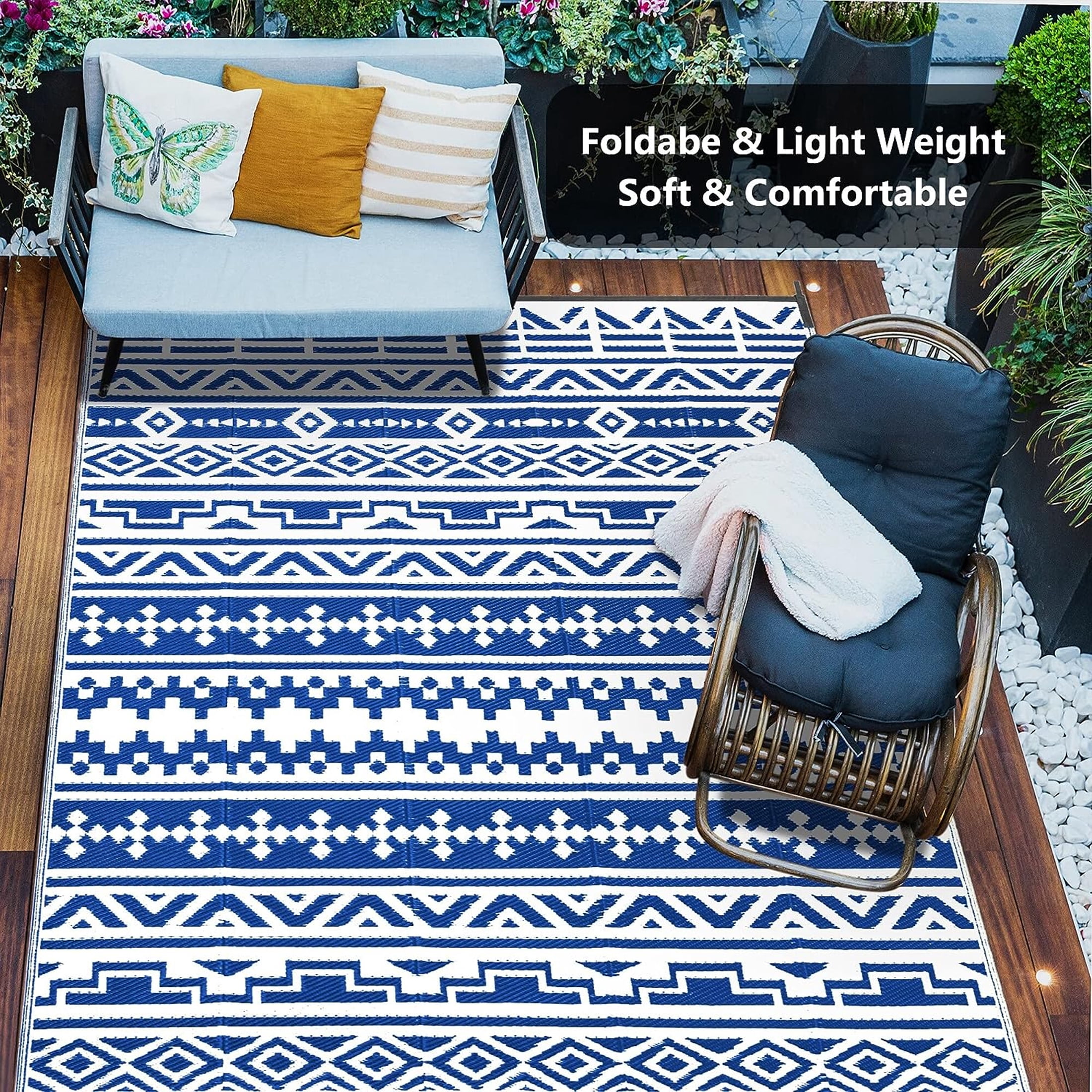 Outdoor Rugs 6'x9' on Sale Clearance Plastic Straw Waterproof Reversible Patio Rugs Geometric Lightweight Carpets for RV Camping Deck Balcony Beach Picnic Porch, Blue White