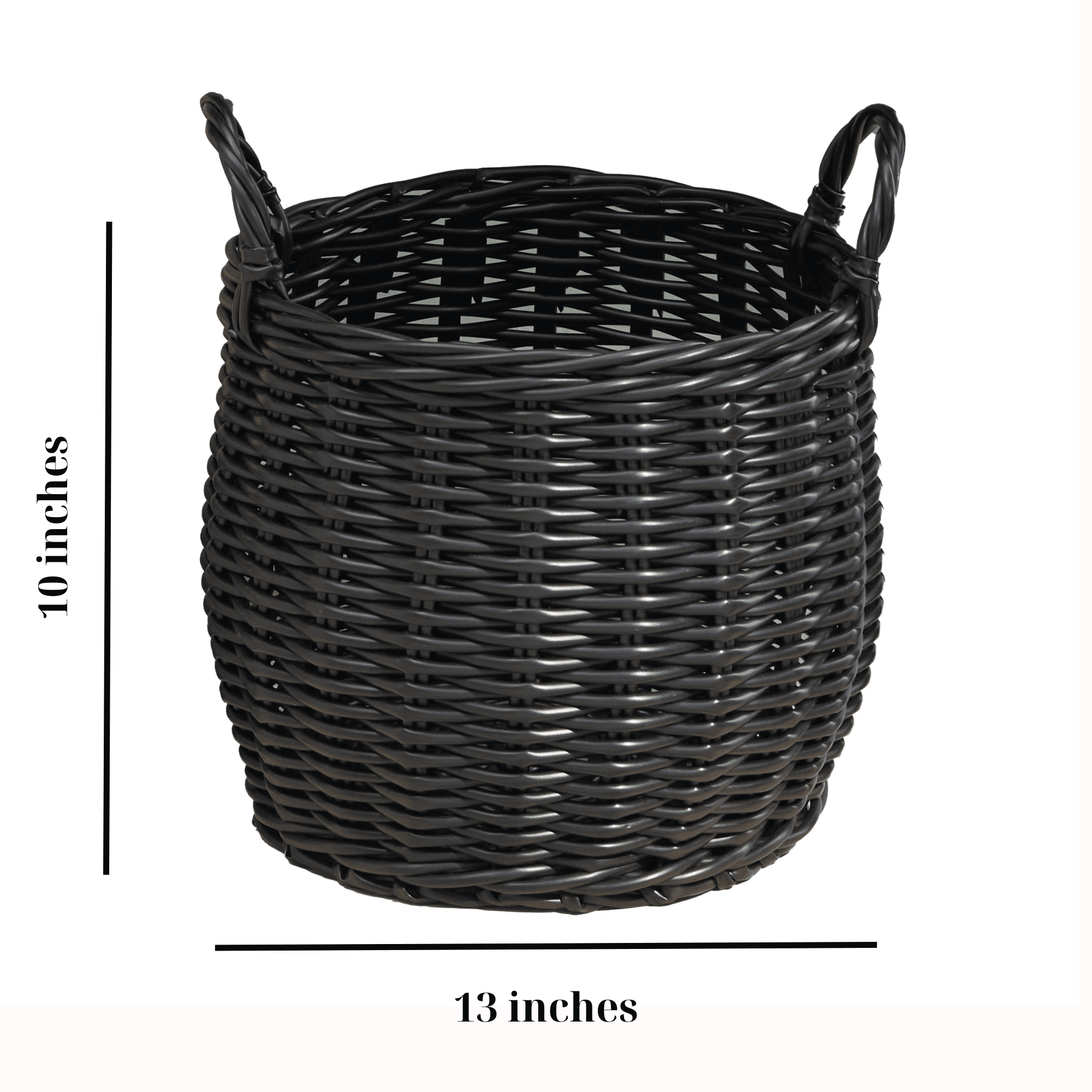 Round Resin Woven Wicker Basket with Handles For Clothes, Towels, Toys, Magazines Storage and Home Decoration, 13" x 13" x 10.2" Black