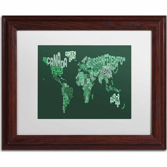 Trademark Fine Art "Text Map of the World" Canvas Art by Michael Tompsett, White Matte, Wood Frame