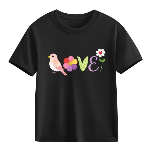 Girls Short Sleeve T-Shirt Cotton Cute Love Bird and Floral Graphic Tee for Kids Kids Soft Casual Play Top,Size 5 T