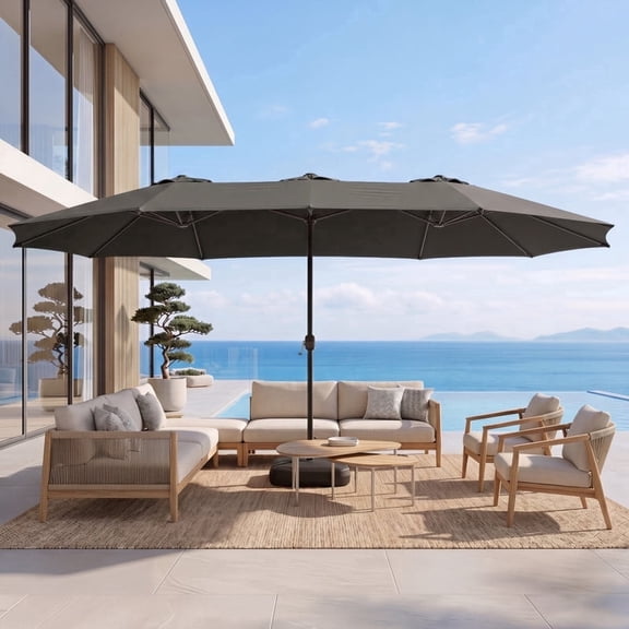Meetleisure 15FT Large Patio Umbrella with Base Included, Outdoor Double Sided Rectangle Umbrella, Crank Handle, 12 Sturdy Ribs, for Deck Porch Pool, Gray