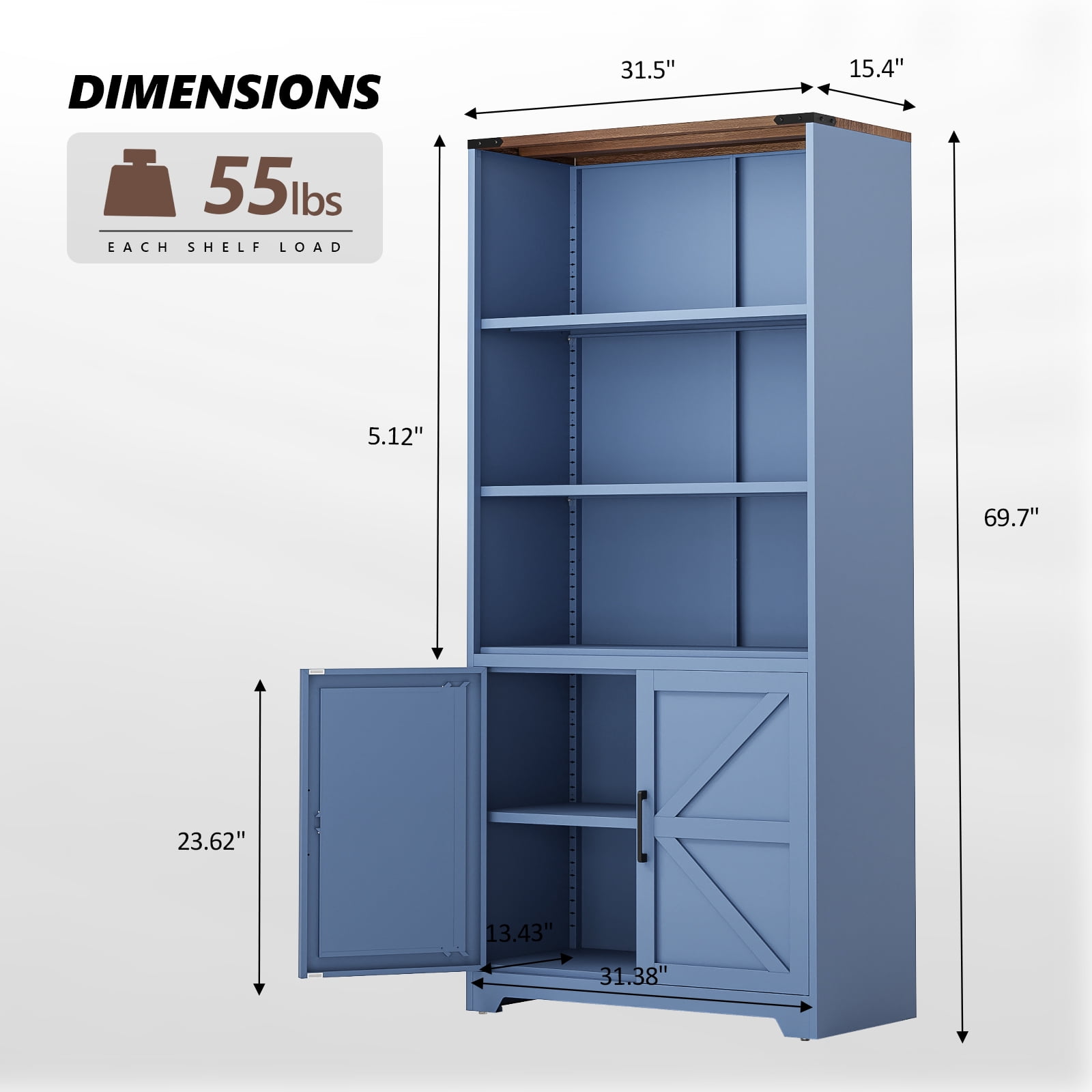 3-Tier Barn Door Display Case, 69.7x31.5x15.4 Inches, Steel Display Case With Vintage Blue And Contrasting Wood Grain