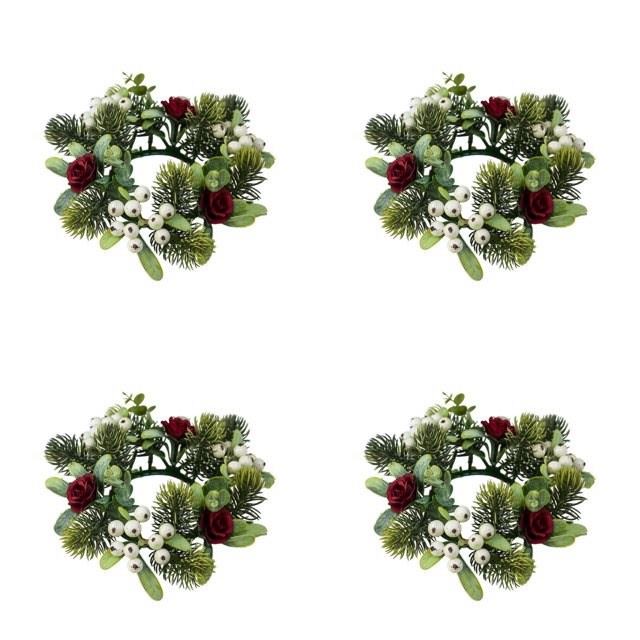 Christmas Candle Rings Wreath 3 Inch Center Pine Cone Red Berry Artificial Greenery Candle Holder Centerpiece for Holiday Table Mantle Decor