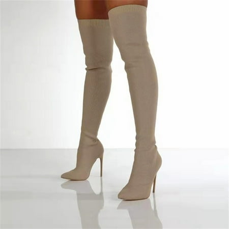 

Holiday Savings 2022! Rourlinge Autumn And Winter New Heel Over The Knee Boots Flying Woven Stretch Wool Sleeve Fish Mouth Women s Boots Khaki 42