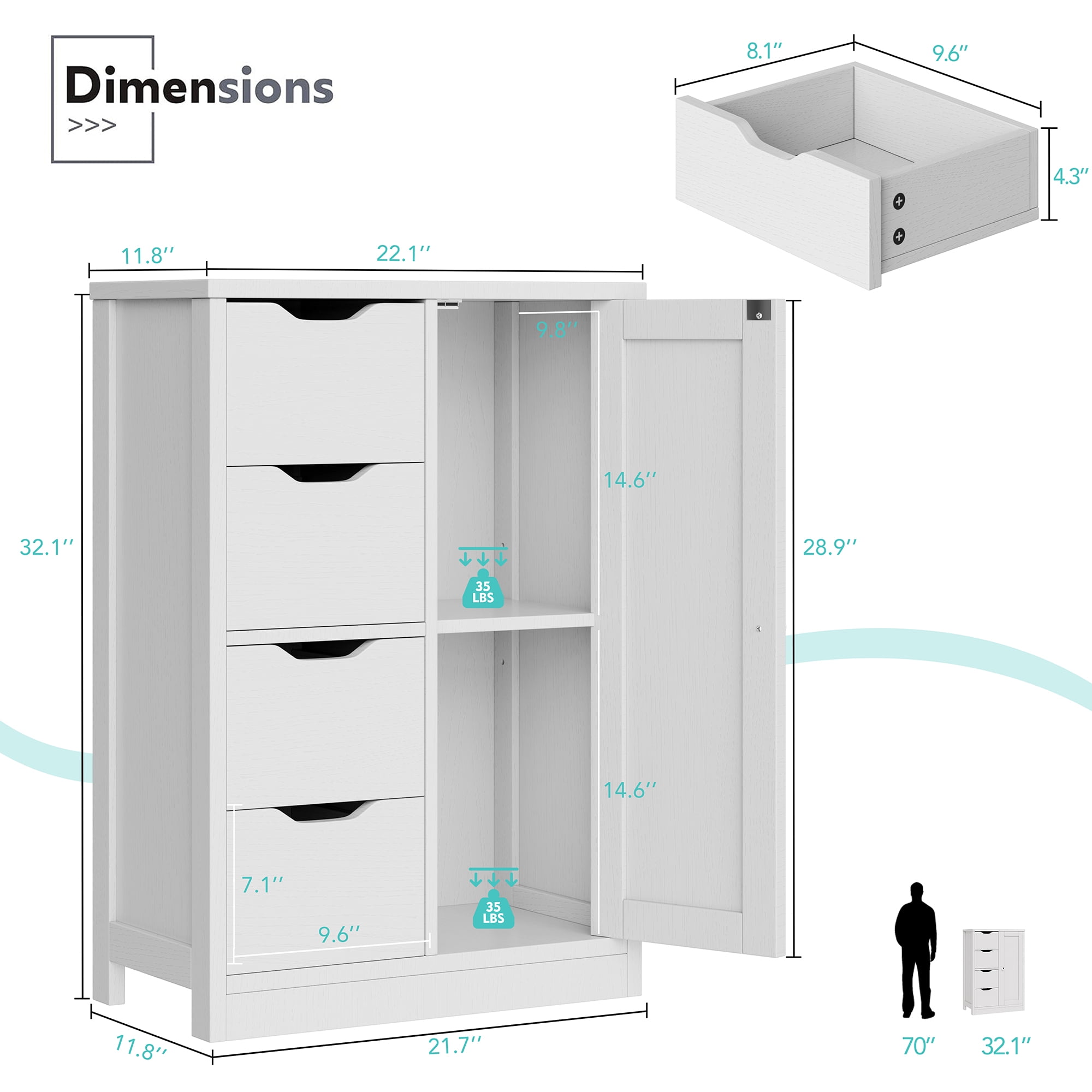 Walsunny Bathroom Floor Cabinet Storage Organizer Freestanding Wooden Cupboard with Door Drawers Adjustable Shelf for Small Spaces Laundry Room Kitchen Living Room Bedroom Home Office,White