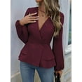 thumbnail image 5 of Women'S Elegant Solid Color Double Breasted Ruffle V-Neck Long Sleeved Shirt Wine Red XL, 5 of 8
