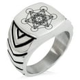thumbnail image 1 of Stainless Steel Metatron’s Cube Chevron Pattern Biker Style Polished Ring, 1 of 1