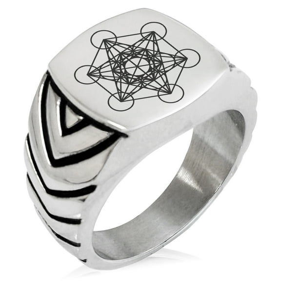 Stainless Steel Metatron’s Cube Chevron Pattern Biker Style Polished Ring