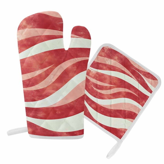 Oven Mitts and Pot Holder Set for Kitchen, Red Stripe Kitchen Oven Gloves Heat Resistance Non-Slip Surface Potholders Modern Abstract Lines Hot Pads Sets for Cooking Baking Grilling BBQ