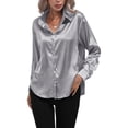 thumbnail image 3 of Frontwalk Ladies Tunic Tops Long Sleeve Blouse Lapel Shirts Women Satin Shirt Button Down Silver Gray S, 3 of 5