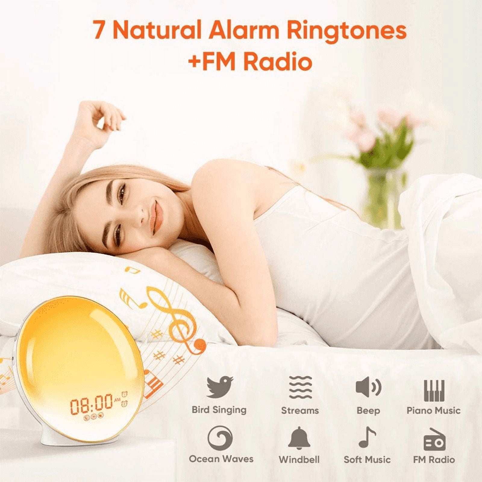 Wood Grain Sunrise Alarm Clock and Sound Machine Nightlight, Digital Dimmable Clock for Bedroom, 20 Sleep Sounds, White Noise Machine for Baby, Adults, Wake Up Light Alarm Clock for Kids