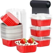 5oz Cupcake Pans Disposable Ramekins 40 Pack, Aluminum Foil Cupcake Liners With Lids,Square Brownie Mini Cake Baking Pans,Cupcake Cups Muffin Tin Holders-Red