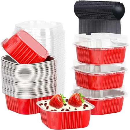 5oz Cupcake Pans Disposable Ramekins 40 Pack, Aluminum Foil Cupcake Liners With Lids,Square Brownie Mini Cake Baking Pans,Cupcake Cups Muffin Tin Holders-Red