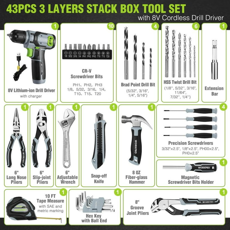 WORKPRO 43PCS Cordless Drill Driver Set, 8V 2.0Ah Electric Driver