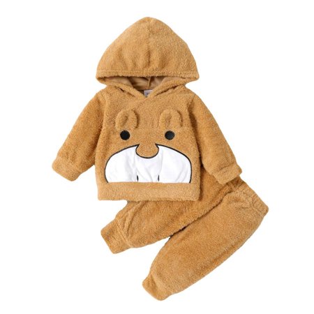 

REORIAFEE Cute 2 Piece Outfits for Toddler Girl Children Wear Unisex Plush Bear Embroidered Hooded Long Sleeve Shirt + Trousers Two Piece Set Brown 12-18 Months