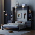 thumbnail image 3 of Queen Size Murphy Bed with Shelves,  Drawers and LED Lights, Solid Wood Wall Bedframe for Multipurpose Guest Room or Home Office, Space-Saving, Gray, 3 of 9