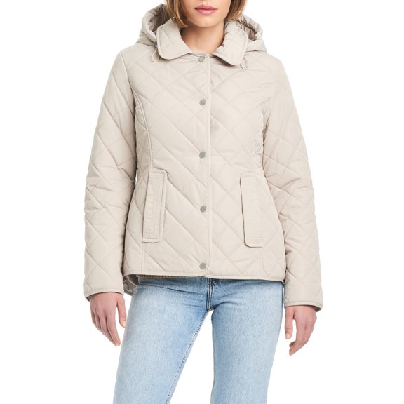 Jones New York Women's Ladies Lightweight Quilted Jacket with Hood, Bone Small