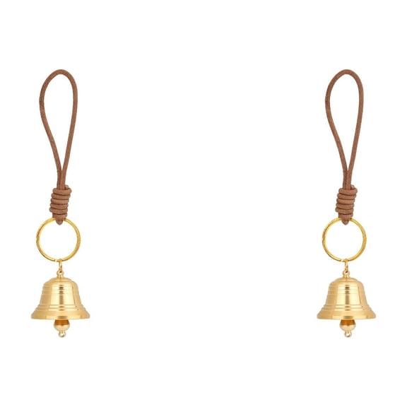 2 Pcs Brass Hanging Bell for Door Knob, Vintage Gold Door Hanger Bell on Leather Rope, Small Entry Doorbell Chime for Front Door and Home, Shop Garden Christmas Decor, Home Decorative Objects