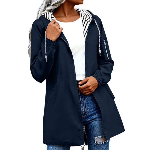 Brnmxoke Spring Rain Coats for Women 2025 Summer Lightweight Striped Lining Drawstring Hood Rain Jacket Packable Waterproof Zip Up Outdoor Windbreaker with Pockets Navy,XL