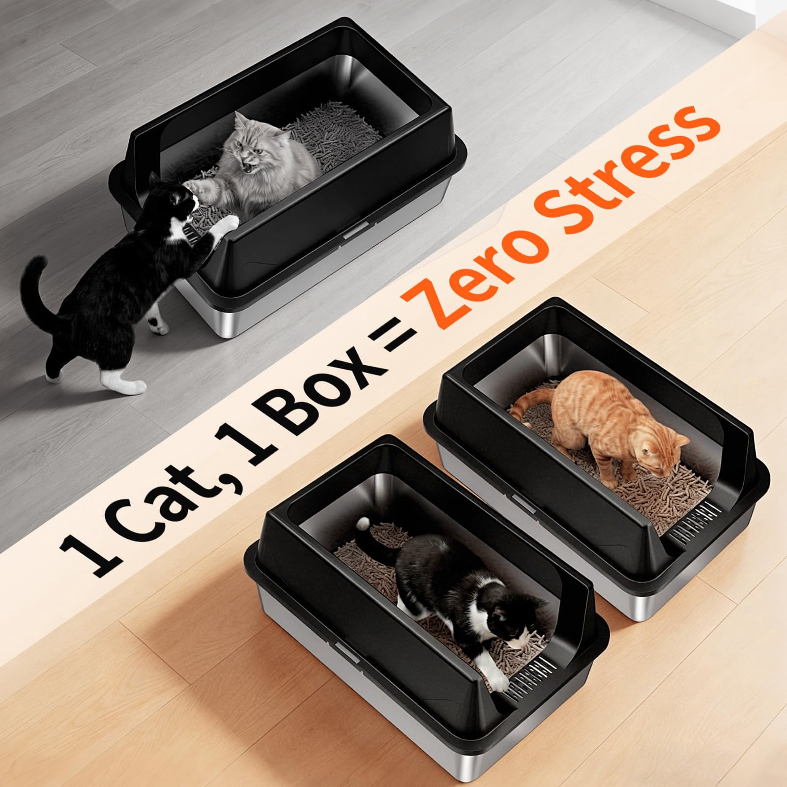 2 Pack Extra Large Stainless Steel Cat Litter Boxes with High Sides, Includes 2 Scoops