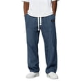 thumbnail image 2 of Domuza Pants for Men Casual Loose Hemp Drawstring Elastic Waist Trousers Lightweight Wide Leg Linen Pant with Pocket Navy L, 2 of 6