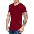 thumbnail image 4 of T-shirt Homme Déchiré Couleur Unie Ample Col Rond Manches Courtes Décontracté, 4 of 7