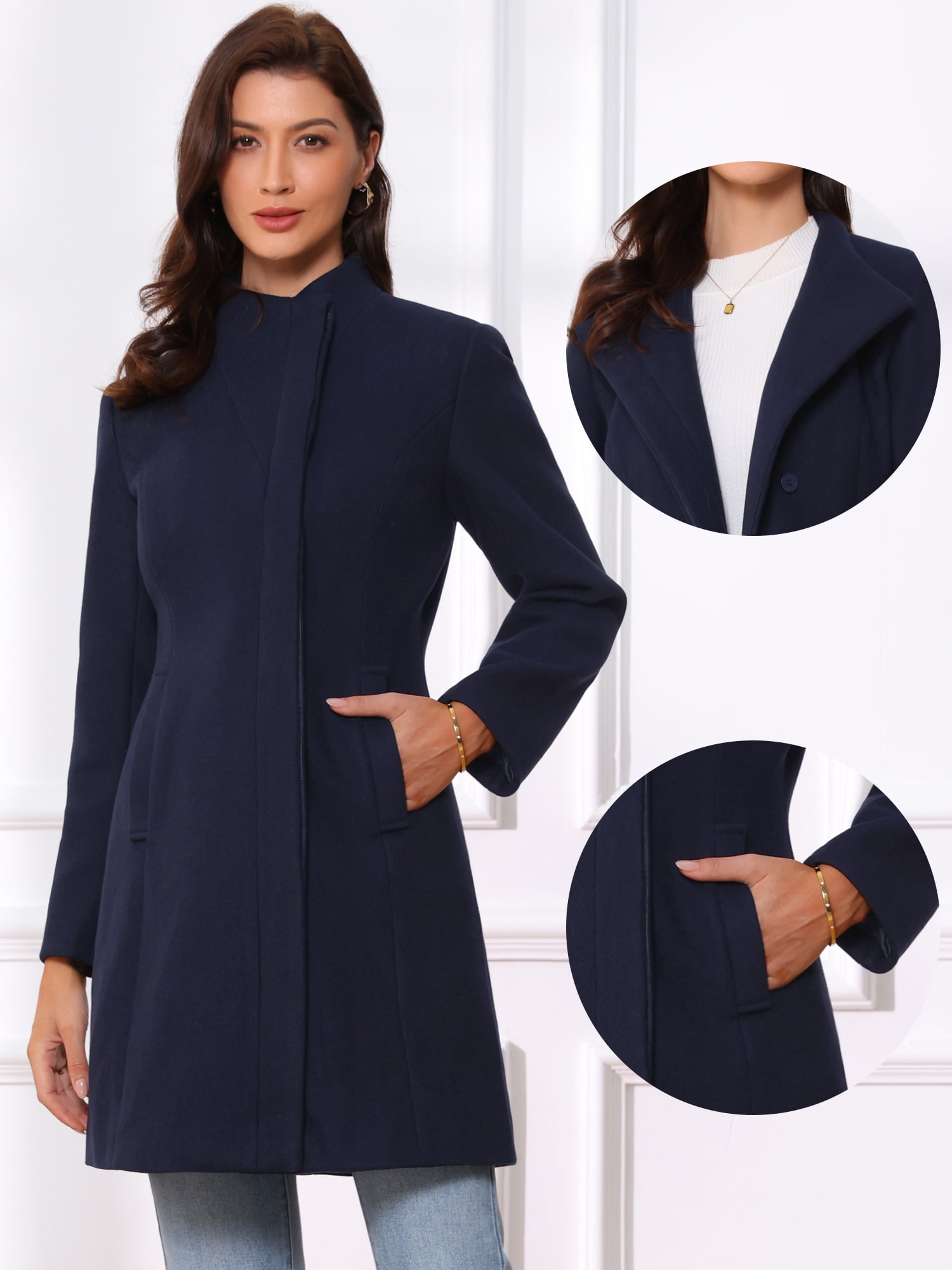 DARING DIVA Women's Stylish Peacoat Wrap Collar 2024 Winter Trench Long Coat L Dark Blue