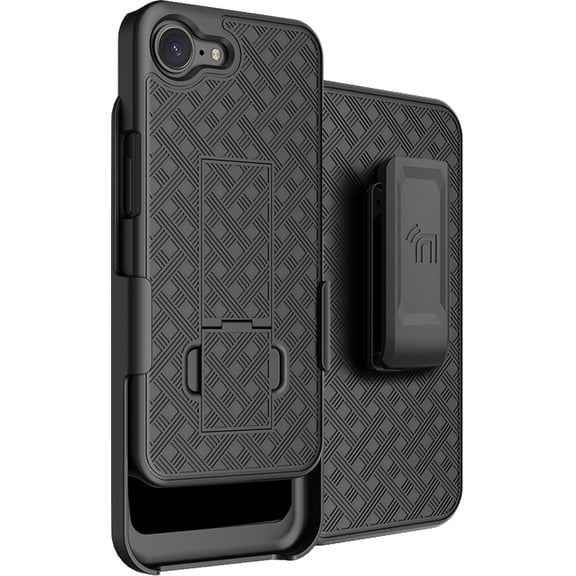 Case with Clip for iPhone 17e / 16e, Nakedcellphone Textured Slim Cover with Stand and [Rotating/Ratchet] Belt Hip Holster Holder Combo - Matte Black