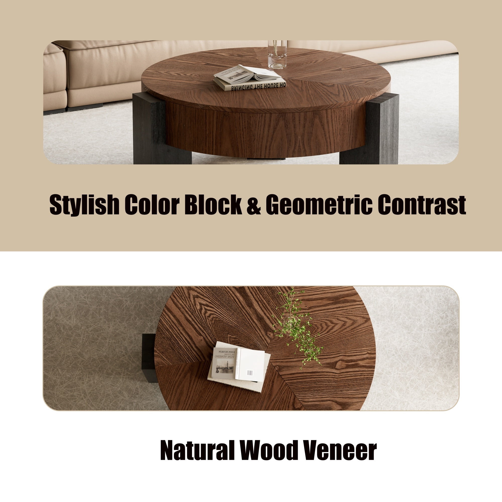 1PCS Round Coffee Table with Hidden Storage Compartment, Modern Wood Veneer Accent Center End Table with 3 Block Legs