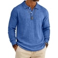 thumbnail image 2 of gzxflxpge Mens Linen Polo Shirt Daily Wear Button Long Sleeve Collared T Shirt Fall Winter Regular Fit Solid Color Stylish Blouse Royal Blue M, 2 of 5