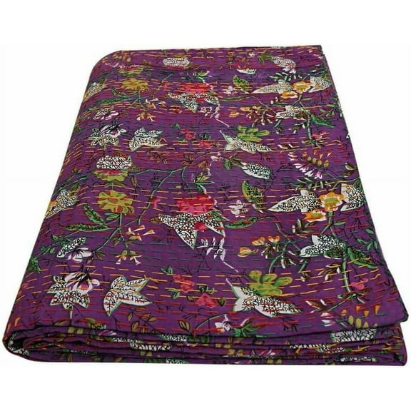 Indian Handmade Floral Print Kantha Quilt, Bedspread , Blanket Size ( Single 60" x 90" )