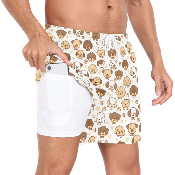 joogoo Men's Cartoon Dogs and Paw Swim Trunks with Liner Pocket Beach Shorts L