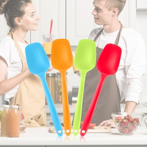 Silicone Spoon Spatula Set Food Grade Kitchen Utensils Heat Resistant Rubber Kitchen One Piece Seamless Design Cooking Spatula for Scraping,Mixing,Pancake,Dishwasher Safe,4 Pack,Blue/Orange/Green/Red