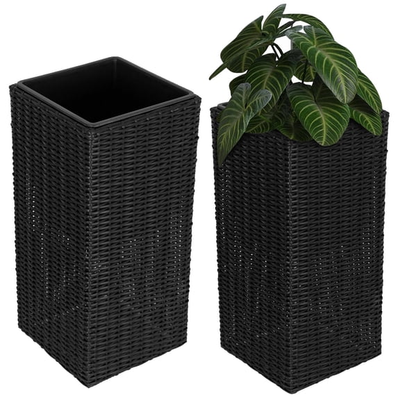 Set of 2 Large 24-Inch Outdoor Planters, Black Tall Plastic Flower Pots with Drainage Holes, Modern Tapered Garden Planter for Porch Patio Balcony Backyard