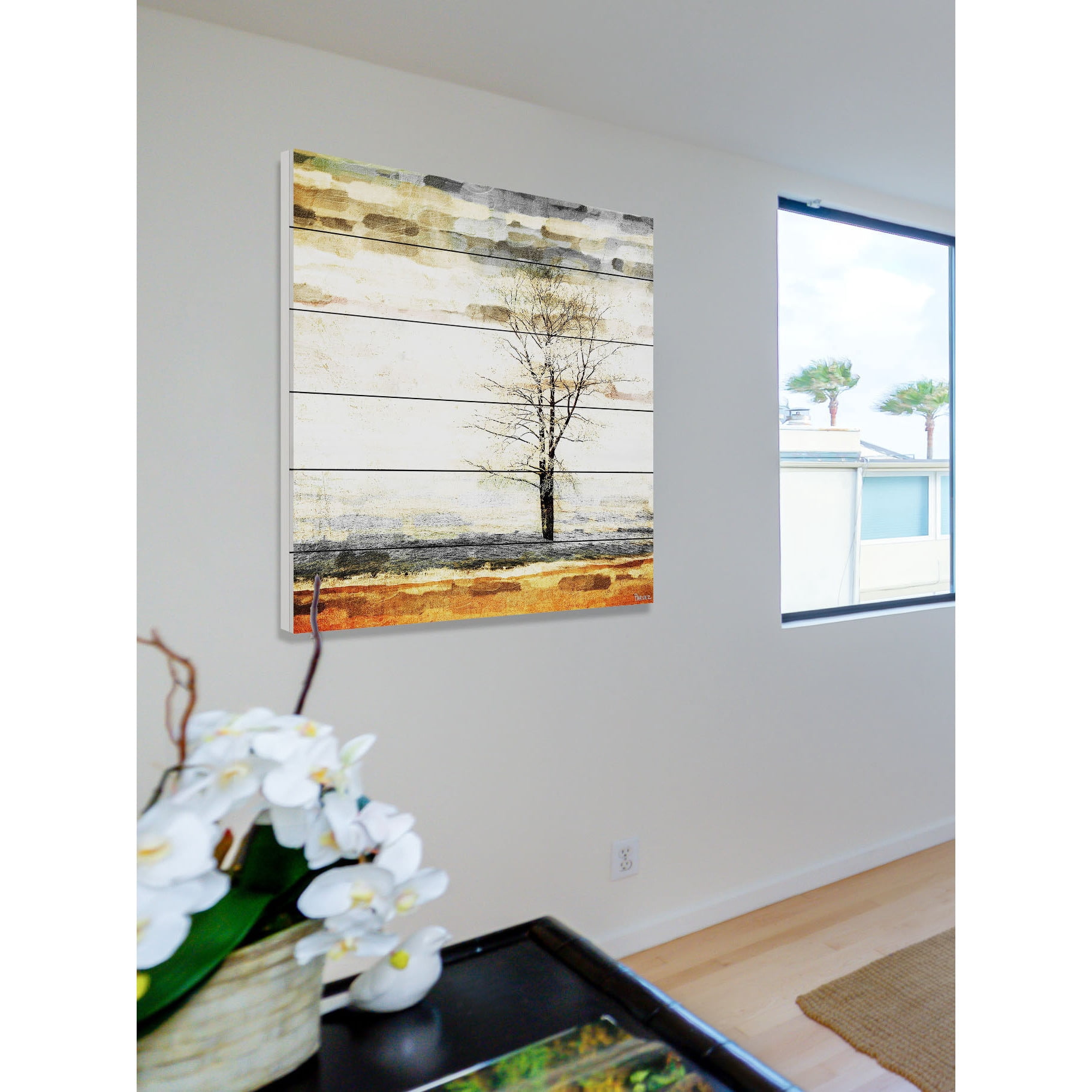 Parvez Taj  - Lone Tree Painting Print on White Wood 32 x 32