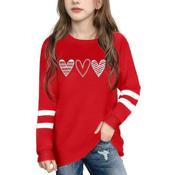 CUZIBR Girls Shirt Valentines Print Long Sleeve T-Shirt Striped Crew Neck Tunic Stylish Cozy Breathable Graphic Cotton Tee Top,A,2-3 Years