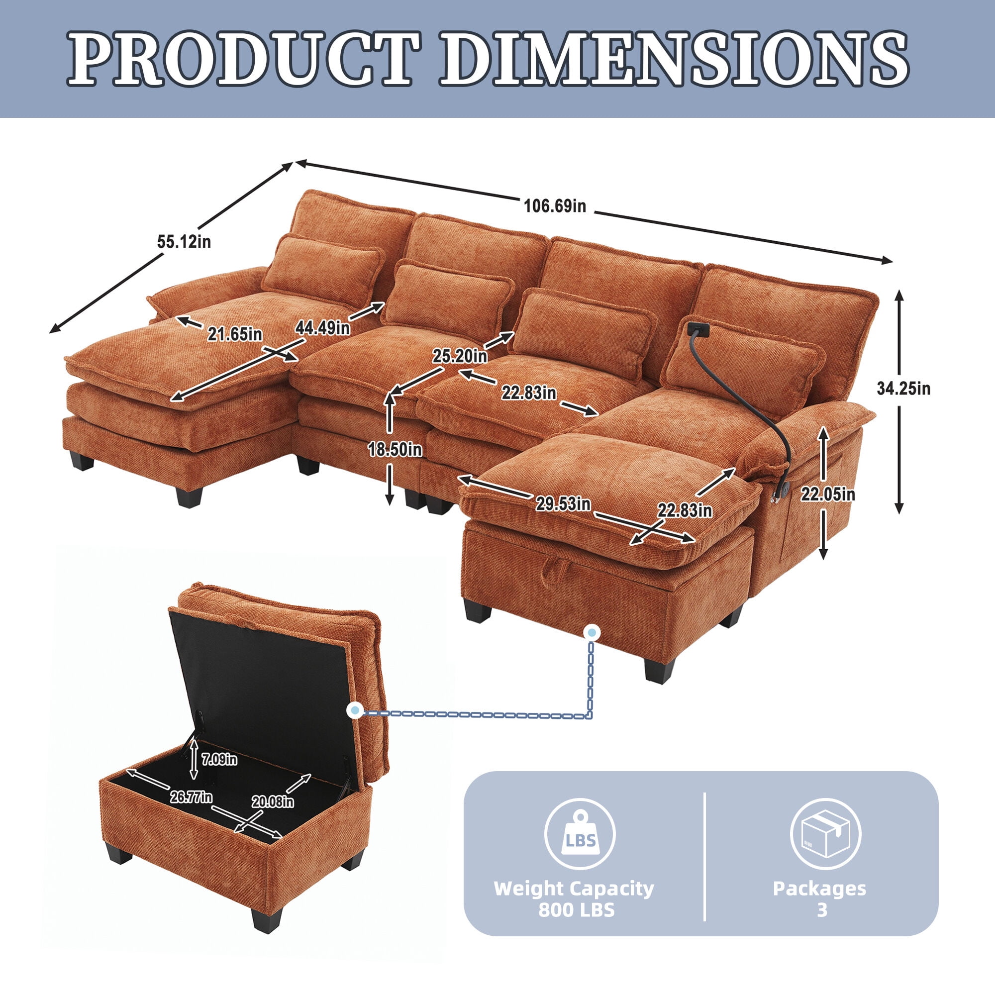 MOONMIS 106" U Shape Sectional Sofa Cloud Couch for Living Room, Upholstery Comfy Modular Sofas, 4 Seat Chenille U-Shaped Sleeper Sofa with Chaise Lounge, Ottoman & Pillows