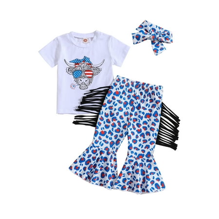 

Qtinghua Toddler Baby Girls 4th of July Outfits Short Sleeve Print T-shirt Tops Tassel Flare Pants with Headband 3Pcs Set