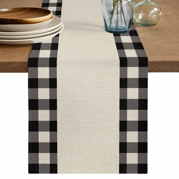 Retro Black Table Runner, Farmhouse Buffalo Plaid Vintage Beige Washable Cotton Linen Table Runners 72 Inches Long, Dresser Scarf Runner for Dining/Coffee/Kitchen/TV Stands/Cabinets 14''x72''