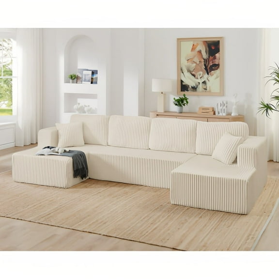 Kevinplus U shape Modular Sectional Sofa, Compressed Sectional Sofa Modern Minimalist Style Corduroy Couch, Sleeper Sofa for Living Room, Bedroom, Beige