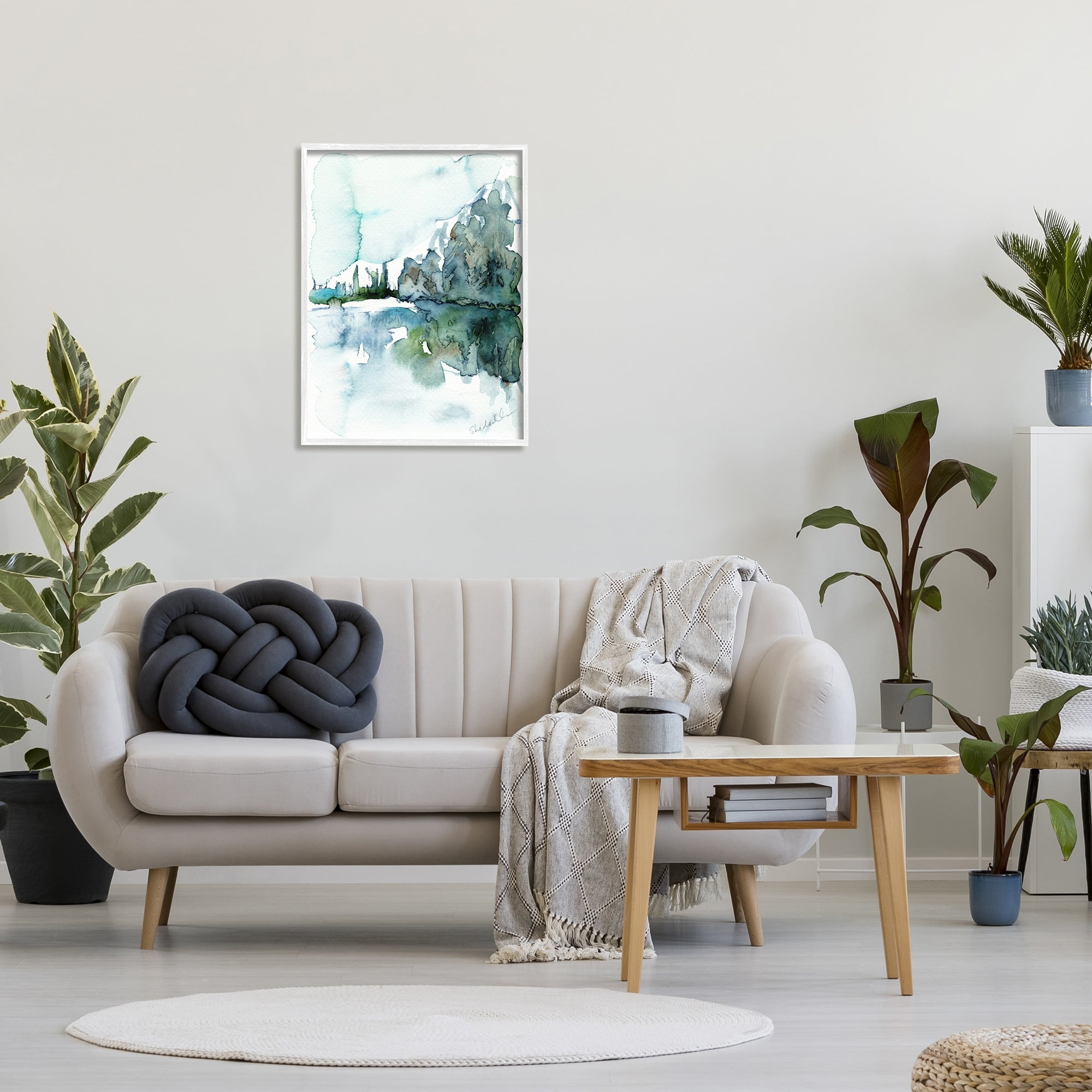 Stupell Industries Trees Lake Reflection Modern Landscape Watercolor Effect Painting White Framed Art Print Wall Art, Design by Kendra Shedenhelm